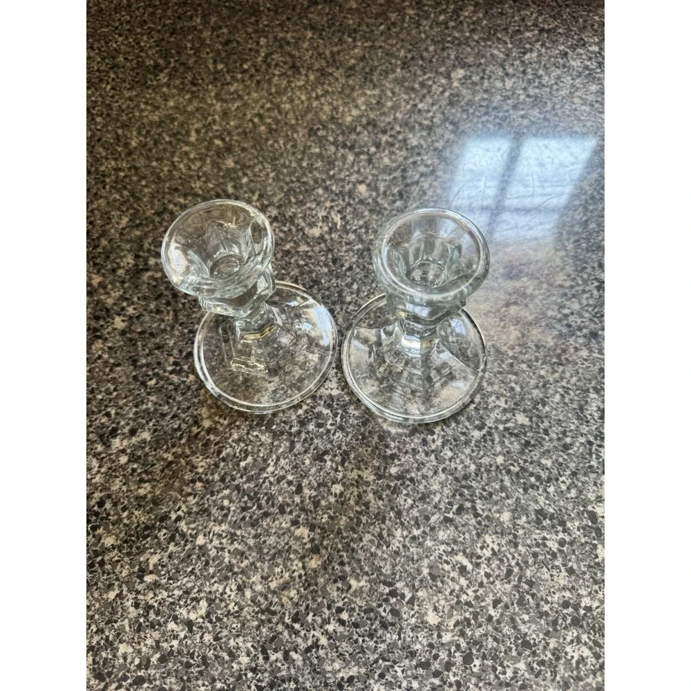 Glass Candlestick Holders Clear Hexagonal Base Pair Vintage Crissa Decor